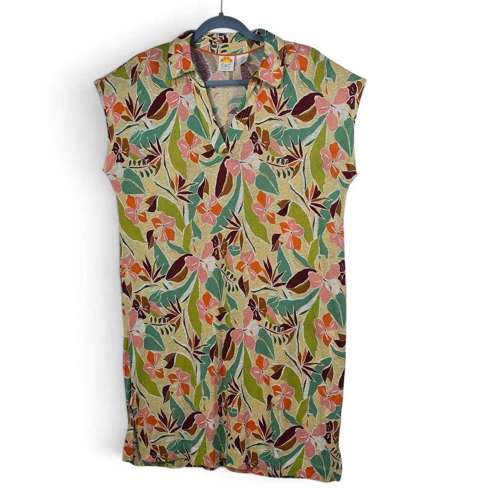 C&C California Womens Tropical Floral Linen Blend Shift Dress Size M Multicolor